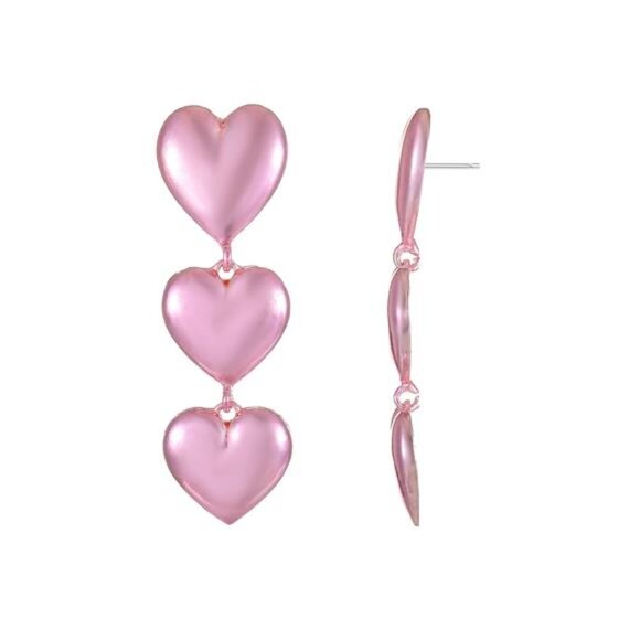 Valentine Day Dangle Linear Pink Heart Drop Earrings for Women Romantic Jewelry - Picture 1 of 4